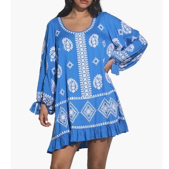 Elan Blue Dress with White Embroidery - Picture 3 of 8